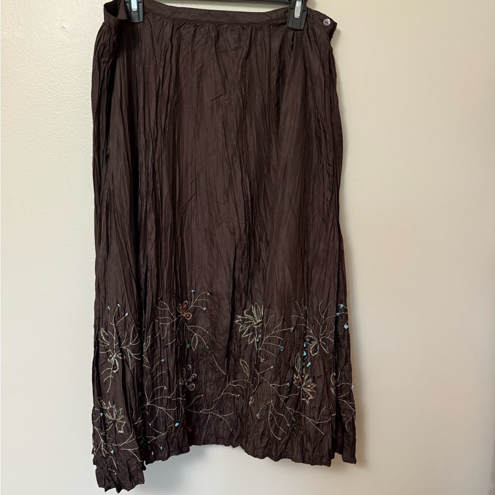 Chicos vintage NWT Embroidered embellished silk chocolate Brown midi  Skirt